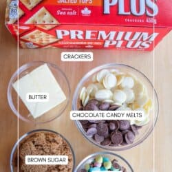 A labeled top view of ingredients on a wooden surface: a box of crackers, bowls of butter, chocolate candy melts, brown sugar, and mini eggs. The image source is homemadheather.com.