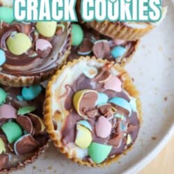 A plate of chocolate and white chocolate cookies topped with colorful candy-coated mini eggs, labeled “Mini Egg Crack Cookies” and “So good!” with the website homemadewithheather.com at the bottom.