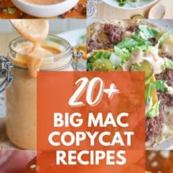 A collage of Big Mac-inspired dishesโsalads, sliders, and sauceโwith text overlay: 20+ Big Mac Copycat Recipes and homemadeheather.com at the bottom. Perfect for fans searching for creative big mac copycat recipes!.