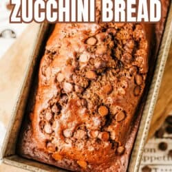 A loaf of chocolate zucchini bread topped with chocolate chips sits in a metal baking pan, with Chocolate Zucchini Bread and So Good! written on the image. The website homemadHeather.com appears at the bottom.