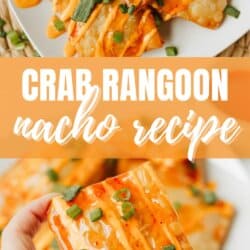 Plate of crispy crab rangoon nachos topped with orange sauce and chopped green onions. A hand holds up one nacho. Text overlay reads Crab Rangoon nacho recipe and homemadeheather.com.