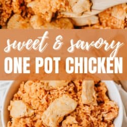 Cooked chicken and rice mixed together in a reddish sauce, shown in a pot and served in a bowl. Text reads: “Sweet & Savory One Pot Chicken.” Website name “homemadeheather.com” appears at the bottom.