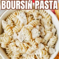 A bowl of creamy rotini pasta with Boursin cheese is shown close-up. Text on the image reads one pot Boursin pasta, TikTok recipe, and homemadeheather.com. A red checkered cloth is in the background.