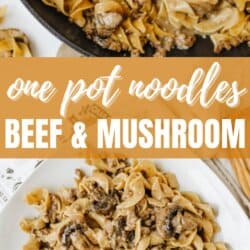 A skillet and a plate filled with creamy beef, mushroom, and egg noodles, with text overlay: One Pot Noodles Beef & Mushroom and homemadeheather.com at the bottom.