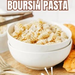 A white bowl filled with creamy rotini pasta sits on a wooden board beside pieces of bread. Text reads: One Pot Boursin Pasta, TikTok Recipe. Website homemadeheather.com appears at the bottom.