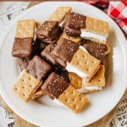 A plate of chocolate-dipped s’mores bites made with graham crackers, marshmallow, and chocolate, sits on a wooden board. The bites are stacked on a white plate with a red-and-white checkered cloth in the background.