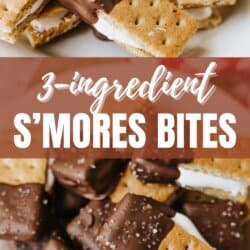 A plate of s’mores bites made with graham crackers, marshmallow, and chocolate, some sprinkled with sea salt. Text reads: “3-ingredient s’mores bites” and “homemadeheather.com.”.