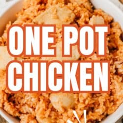 A bowl of sweet and savory one pot chicken with rice, topped with text overlay reading One Pot Chicken and a Tiktok Recipe label. Website homemadeheather.com appears at the bottom.