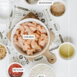 Overhead view of raw diced chicken in a bowl, surrounded by small bowls with ketchup, rice, oil, spices, and seasonings on a white surface. Labels identify each ingredient.
