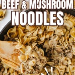A skillet filled with creamy beef and mushroom noodles is being stirred with a wooden spoon. Large text reads One Pot Beef & Mushroom Noodles and TikTok Recipe with homemadeheather.com at the bottom.