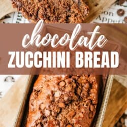 A sliced loaf of chocolate zucchini bread on a wooden surface, topped with chocolate chips. Text overlay reads Chocolate Zucchini Bread and homemadeheather.com.