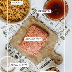 Flat lay of ingredients for a recipe: uncooked egg noodles, a glass of beef broth, raw ground beef on a wooden board, a container of cream cheese, and a bowl of mushrooms, all labeled.
