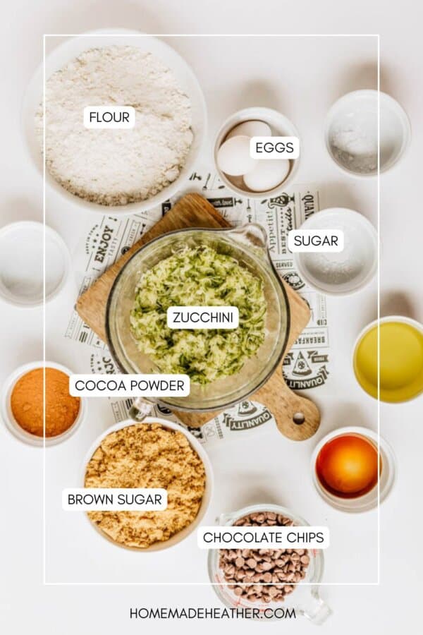 Top-down view of labeled baking ingredients in bowls on a white surface: flour, eggs, sugar, brown sugar, cocoa powder, zucchini, chocolate chips, and a liquid ingredient, possibly oil.