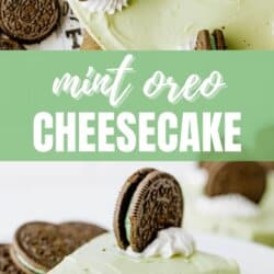 A creamy green mint Oreo cheesecake topped with whipped cream, Oreo cookies, and mint leaves, shown as a whole cake and in a close-up slice. Text reads Mint Oreo Cheesecake homemadHeather.com.