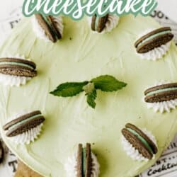 A mint Oreo cheesecake topped with dollops of whipped cream and mint Oreo cookies, garnished with fresh mint leaves, displayed on a white surface with Mint Oreo Cheesecake written above and So Good! homemadeheather.com at the bottom.