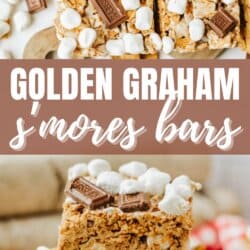 Three images show Golden Graham s’mores bars topped with mini marshmallows and chocolate pieces, stacked and served. Text in the center reads, “Golden Graham s’mores bars.” Website homemadeheather.com is at the bottom.