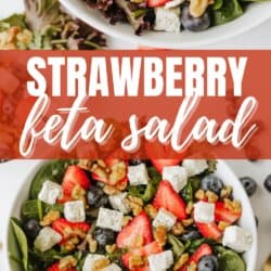 Top-down view of a bowl of strawberry feta salad with spinach, blueberries, walnuts, and feta cheese, next to a gold fork. Text reads Strawberry feta salad and homemadeheather.com.