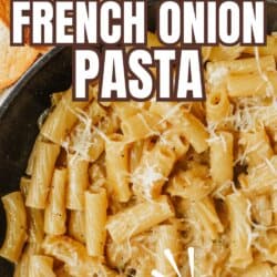 Close-up of creamy French onion pasta in a skillet, topped with shredded cheese. Text overlay reads One Pot French Onion Pasta and Tiktok Recipe with a website link at the bottom. Cooked pasta and toast are partially visible.