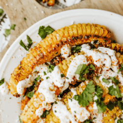 A plate of air fryer corn ribs topped with a creamy white sauce and chopped herbs, sprinkled with seasoning. The text reads “Air Fryer Corn Ribs” and “homemadeheather.com.”.