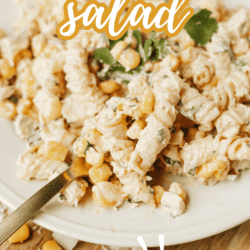 A close-up of a creamy street corn salad with pasta, corn, red onion, and cilantro on a white plate. A fork holds a bite. Text reads Street Corn Salad and So Good! with a website link at the bottom.