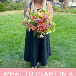 A woman in a black dress stands on a lawn holding a colorful bouquet of flowers. Text at the bottom reads: What to plant in a cut flower garden. homemadeheather.com.