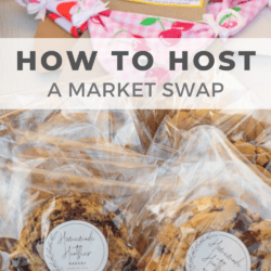Close-up of homemade cookies in clear bags and fabric headbands with cherry prints, promoting a market swap event. Text reads How to Host a Market Swap.