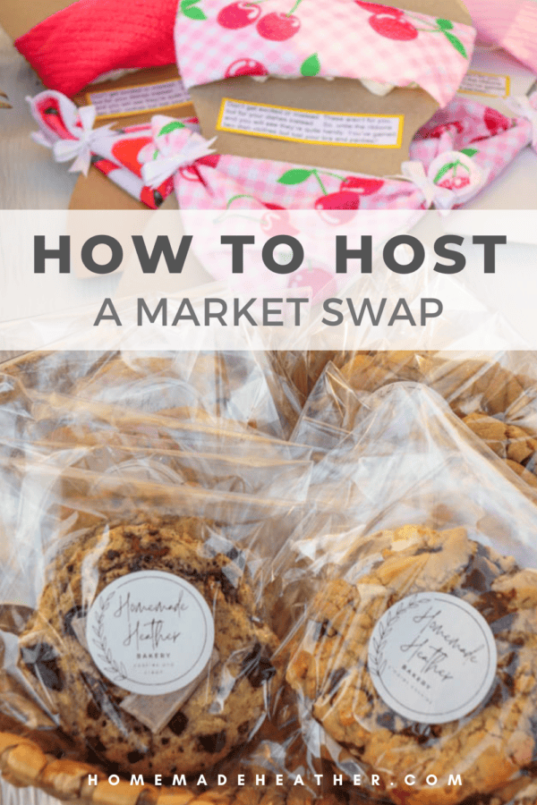 Close-up of homemade cookies in clear bags and fabric headbands with cherry prints, promoting a market swap event. Text reads How to Host a Market Swap.