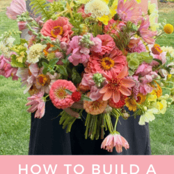 A woman in a black dress holds a large bouquet of colorful cut flowers outdoors. Text below reads, How to Build a Cut Flower Garden homemadeheather.com.