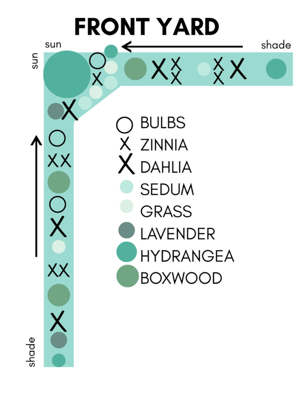 Diagram of a front yard garden plan showing locations of bulbs, zinnia, dahlia, sedum, grass, lavender, hydrangea, and boxwood. Sun and shade areas are indicated with arrows.