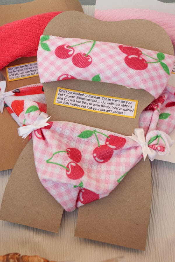 A cardboard cutout displays fabric printed with cherries, styled to resemble underwear. A note humorously clarifies the fabric is for dishcloths, not actual lingerie. Bows are attached at the corners.