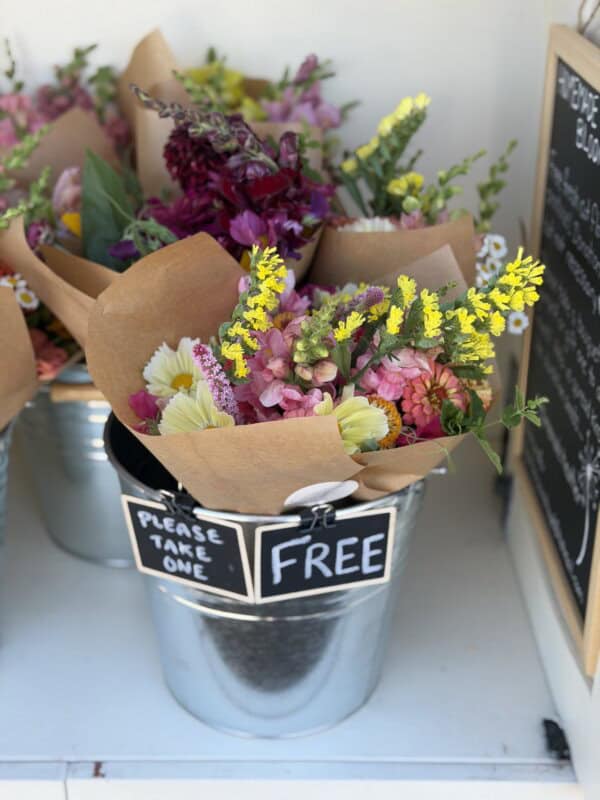 A metal bucket holds colorful flower bouquets wrapped in brown paper. A sign on the bucket reads PLEASE TAKE ONE and FREE in white letters. More bouquets and chalkboard signs are visible nearby.