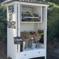 A white outdoor stand with a sign reading Fresh Cut Flowers displays bouquets in metal buckets and some vegetables. An Open sign hangs on the door, and a Free label is on the veggies. Shrubs fill the background.