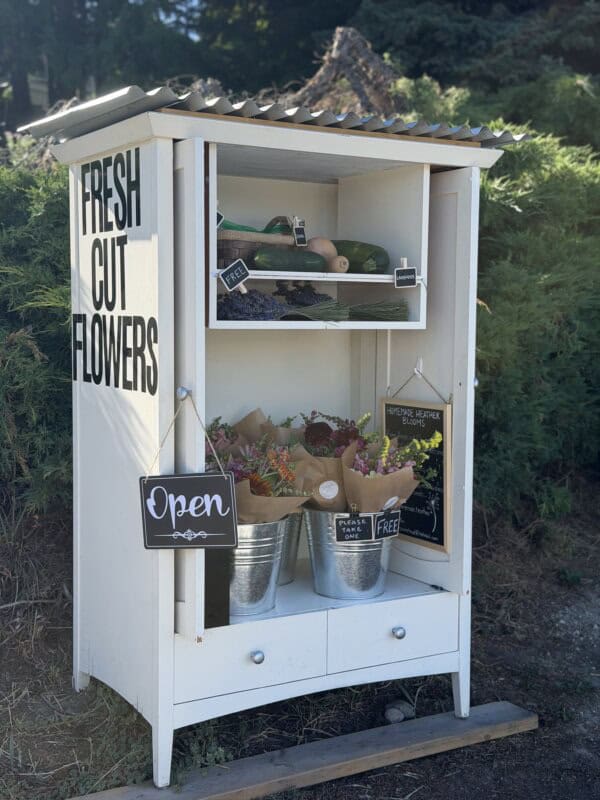 A white outdoor stand with a sign reading Fresh Cut Flowers displays bouquets in metal buckets and some vegetables. An Open sign hangs on the door, and a Free label is on the veggies. Shrubs fill the background.