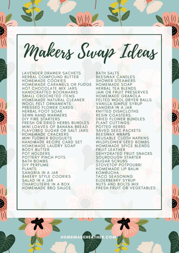 A floral-themed list titled Makers Swap Ideas featuring over 60 handmade gift ideas like candles, scrunchies, sachets, bath salts, homemade jam, cookies, bath bombs, bookmarks, soaps, and DIY crafts.